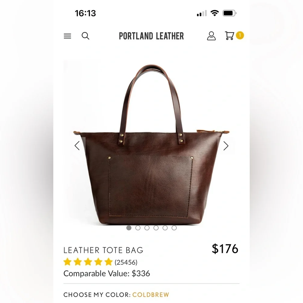 Portland Leather Medium zip top tote in the color Coldbrew - Picture 5 of 7
